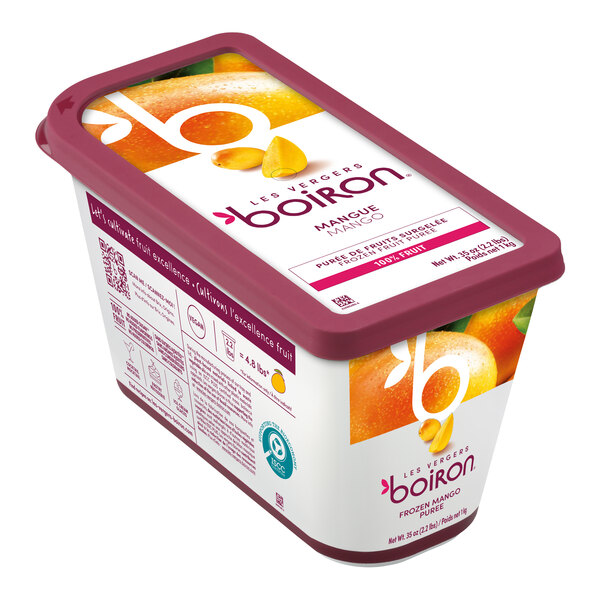 A rectangular container of Les Vergers Boiron frozen mango 100% fruit puree, 2.2 lb.