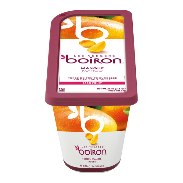 A container of Les Vergers Boiron Mango 100% Fruit Puree weighing 2.2 pounds.
