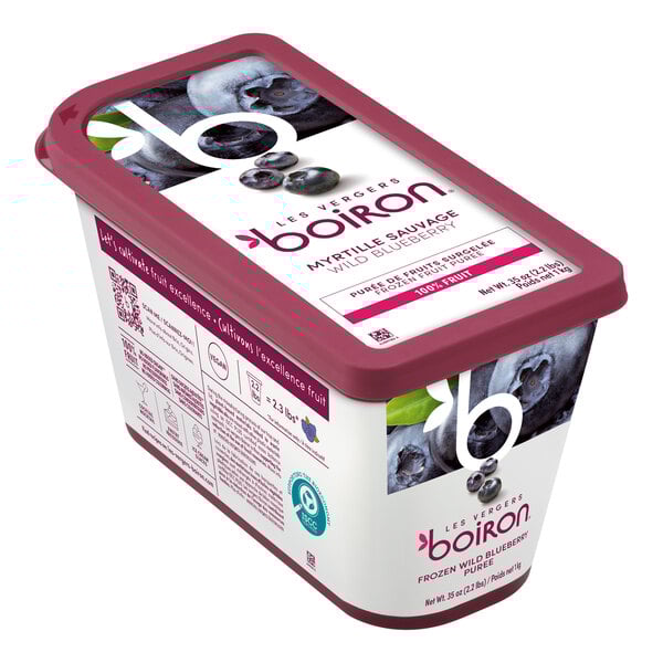 A container of Les Vergers Boiron Wild Blueberry 100% Fruit Puree with a label.
