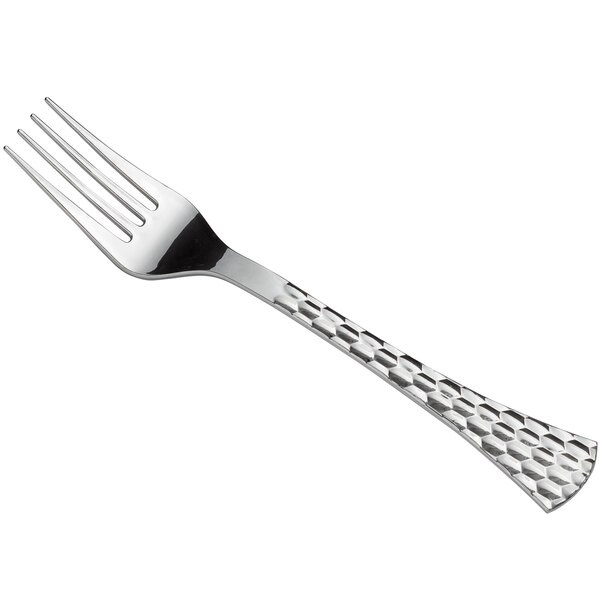 A Visions silver plastic fork with a pattern on the handle.