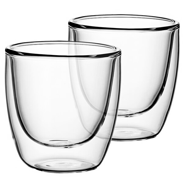 Two clear Villeroy & Boch double wall glass cups with a black rim on a white background.