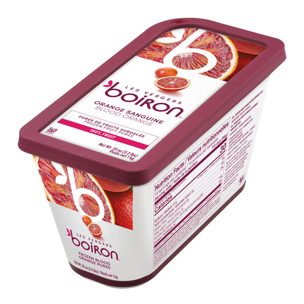 A rectangular container of Les Vergers Boiron Blood Orange 100% Fruit Puree.