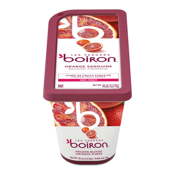 A container of Les Vergers Boiron frozen blood orange puree.