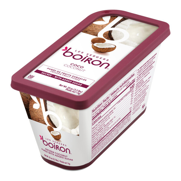 A rectangular container of Les Vergers Boiron Coconut Puree weighing 2.2 lb.