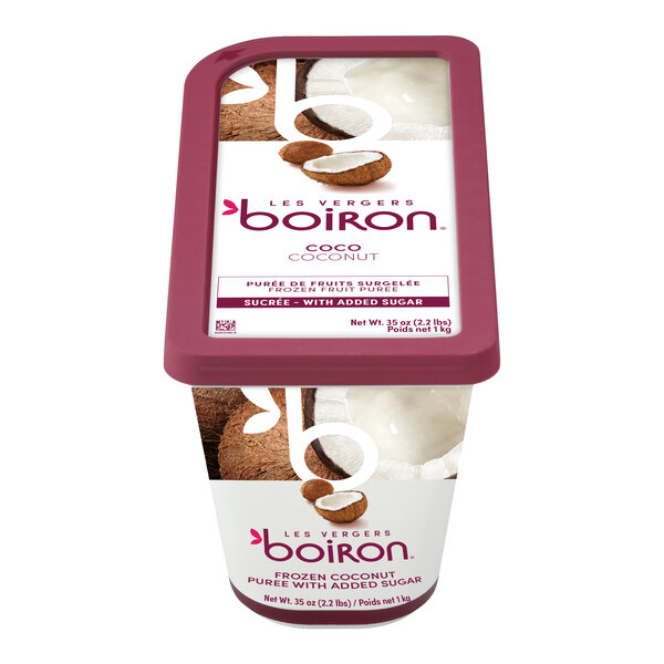 A container of Les Vergers Boiron frozen coconut puree with added sugar, weighing 2.2 pounds.