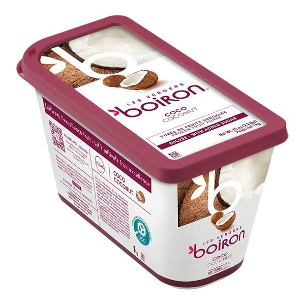 A rectangular container of Les Vergers Boiron Coconut Puree weighing 2.2 lb.