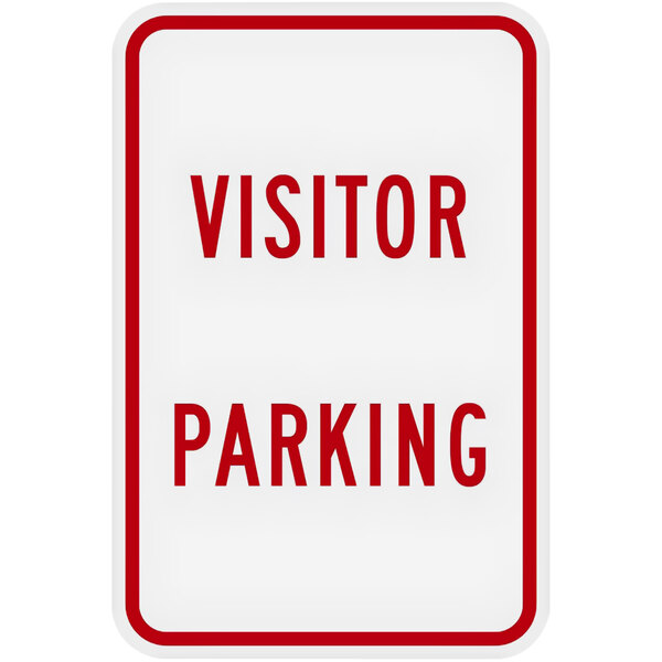 A white sign with red text that says "Visitor Parking" and features a red border.