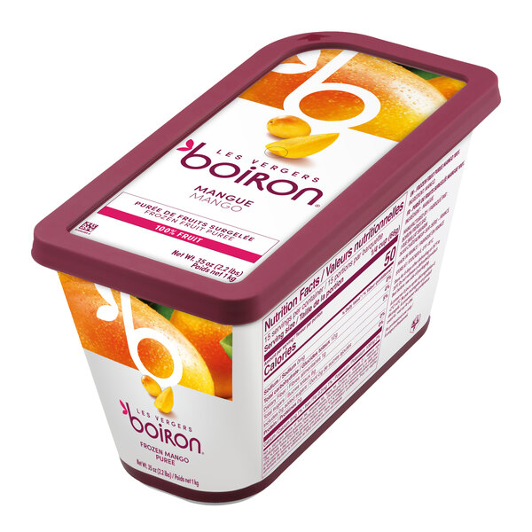 A rectangular container of Les Vergers Boiron Mango 100% Fruit Puree.