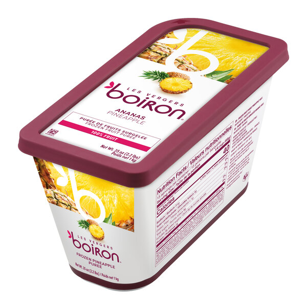 A rectangular container of Les Vergers Boiron Pineapple 100% Fruit Puree weighing 2.2 pounds.