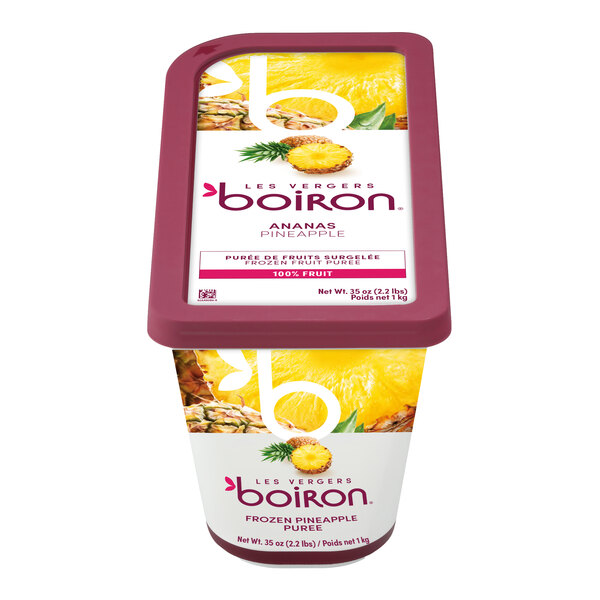A container of Les Vergers Boiron frozen pineapple puree.