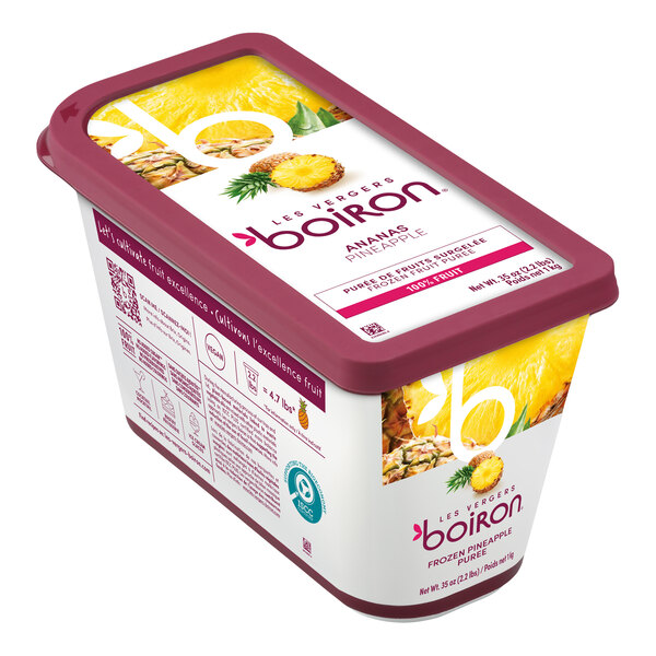 A rectangular container of Les Vergers Boiron Pineapple 100% Fruit Puree weighing 2.2 pounds.