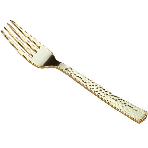 A close up of a Visions Hammersmith gold plastic fork with a handle.