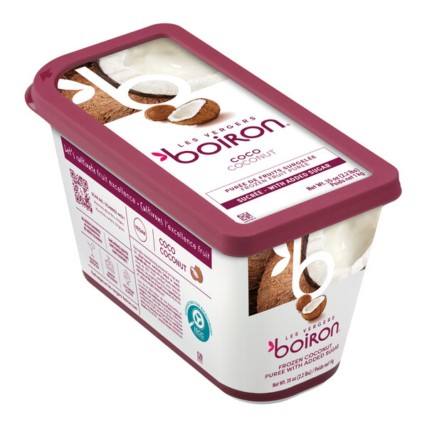 A rectangular container of Les Vergers Boiron coconut puree with a maroon lid and coconut imagery on the packaging.
