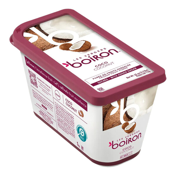 A rectangular container of Les Vergers Boiron coconut puree with a maroon lid and coconut imagery on the packaging.