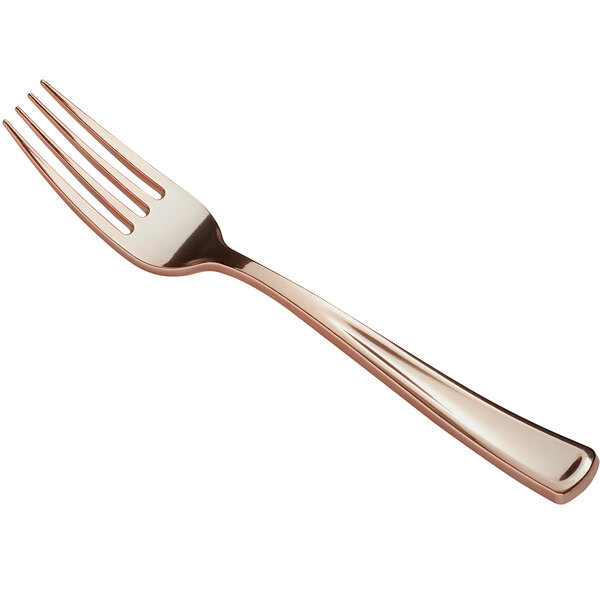 A close-up of a Visions rose gold plastic fork.