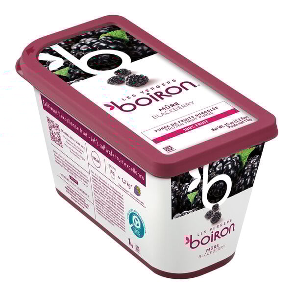 A container of blackberry yogurt made with Les Vergers Boiron Blackberry Fruit Puree.