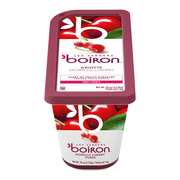 A container of Les Vergers Boiron Morello Cherry 100% Fruit Puree weighing 2.2 lb.