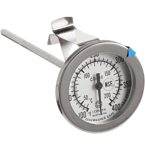 A Comark candy and deep fry thermometer with a blue handle and temperature gauge.