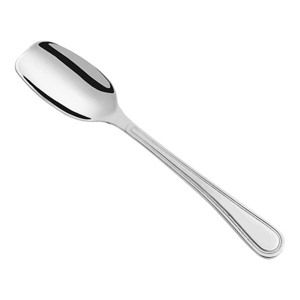 A stainless steel scoop spoon with a mirror finish.