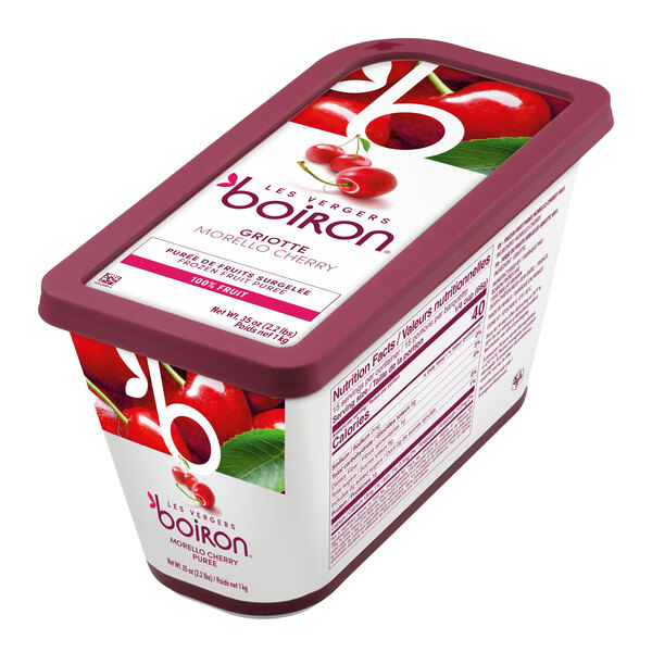 A rectangular container of Les Vergers Boiron Morello Cherry 100% fruit puree.