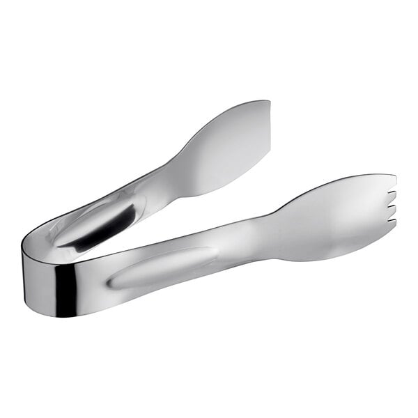 A pair of stainless steel salad tongs with a mirror finish.