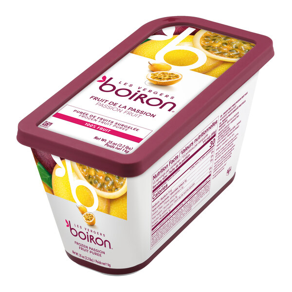 A rectangular container of Les Vergers Boiron Passion Fruit 100% Fruit Puree.