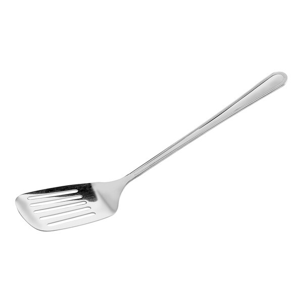 A close-up of a GET stainless steel slotted spatula with a mirror finish.