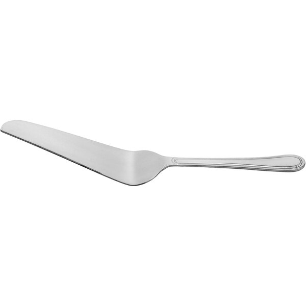 A silver narrow pastry server with a mirror finish.