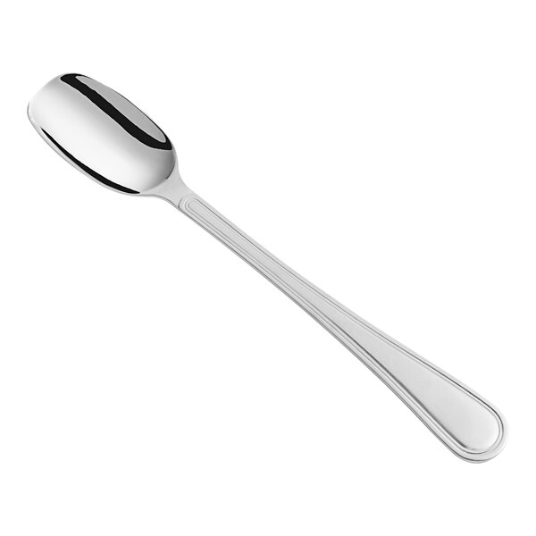 A stainless steel scoop spoon with a mirror finish.