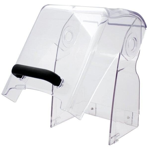 A clear plastic container with a black handle.