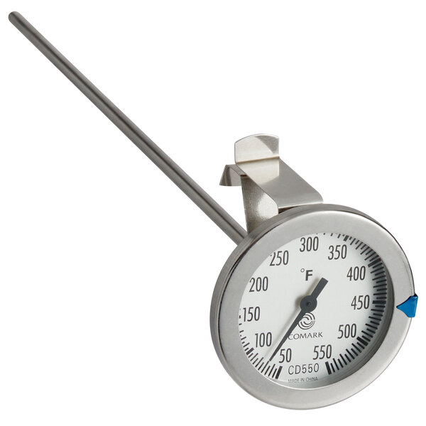 A Comark CD550 candy and deep fry probe thermometer with a stainless steel temperature gauge.