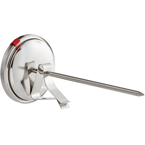 A Cooper-Atkins candy/deep fry probe thermometer with a stainless steel and red metal long stick.