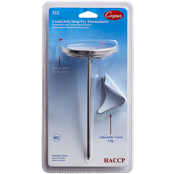 A Cooper-Atkins candy and deep fry thermometer with a metal probe in a package.