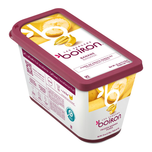 A rectangular container of Les Vergers Boiron Banana 100% Fruit Puree weighing 2.2 pounds.