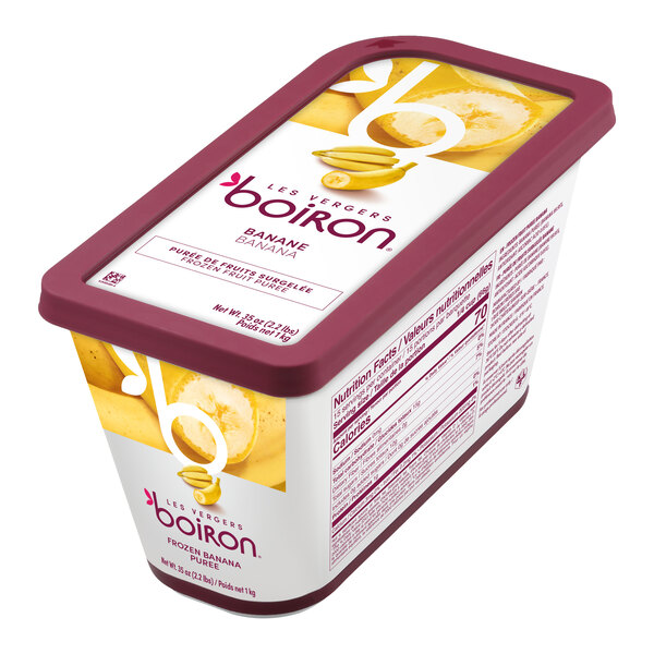 A rectangular container of Les Vergers Boiron Banana 100% Fruit Puree weighing 2.2 pounds.