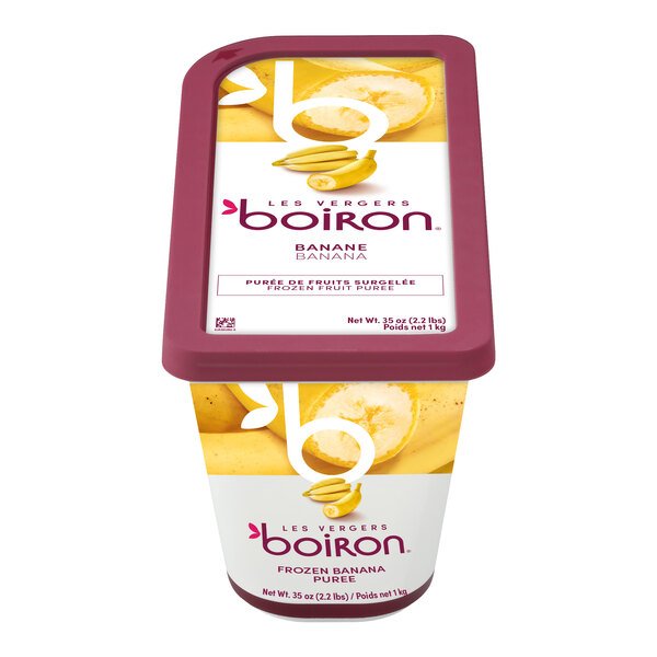A container of Les Vergers Boiron frozen banana puree weighing 2.2 pounds.