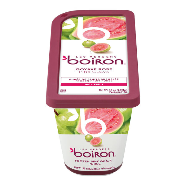 A container of Les Vergers Boiron frozen pink guava fruit puree.