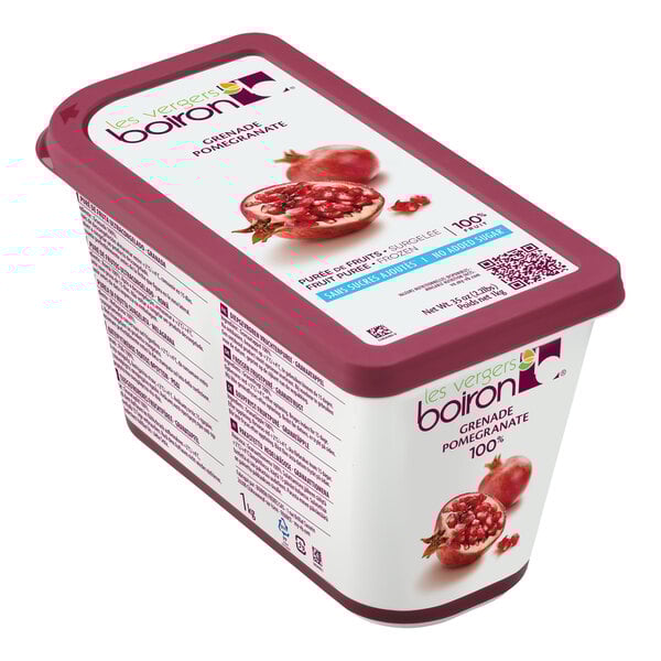 A rectangular container of Les Vergers Boiron Pomegranate 100% Fruit Puree.