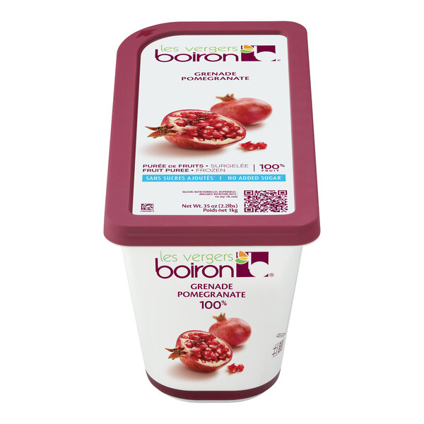 A 2.2 lb container of Les Vergers Boiron 100% pomegranate fruit puree.