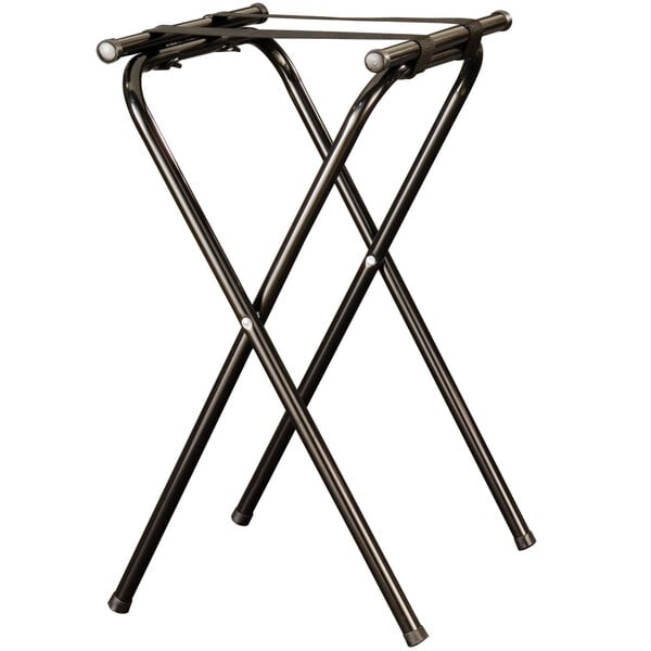 An American Metalcraft black chrome folding tray stand with two metal legs.