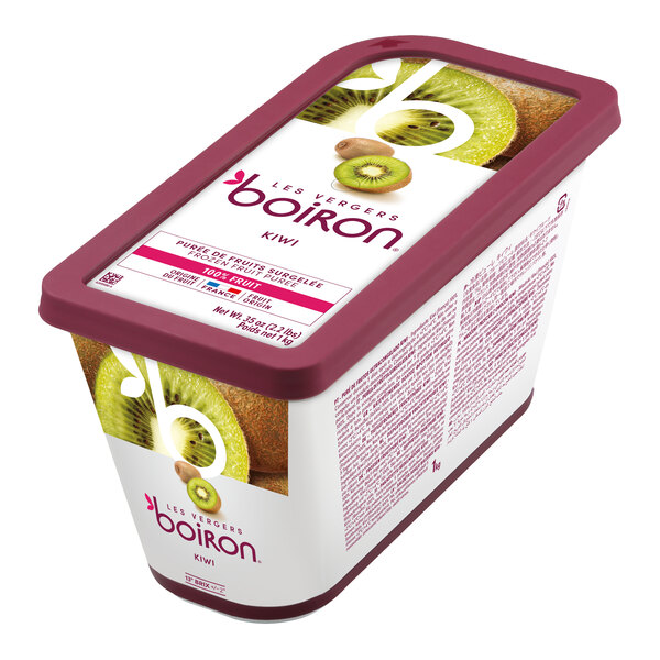 A rectangular container of Les Vergers Boiron Kiwi 100% Fruit Puree weighing 2.2 pounds.