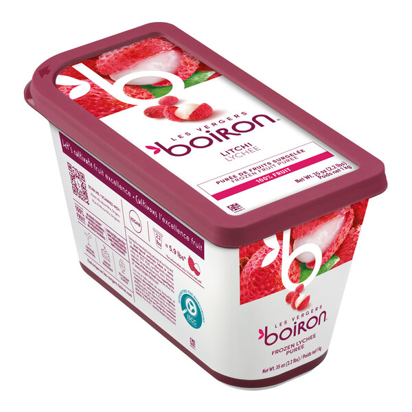 A rectangular container of Les Vergers Boiron Lychee 100% Fruit Puree weighing 2.2 pounds.