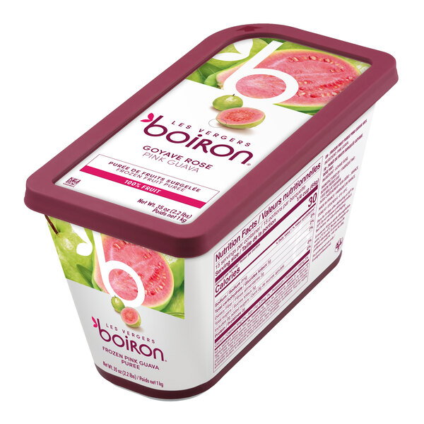 A rectangular container of Les Vergers Boiron Pink Guava 100% Fruit Puree weighing 2.2 pounds.