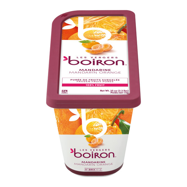 A container of Les Vergers Boiron Mandarin Orange 100% fruit puree weighing 2.2 pounds.
