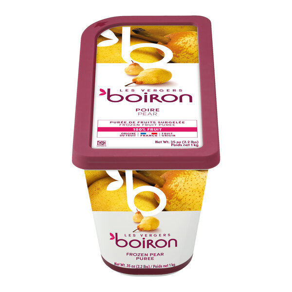 A container of Les Vergers Boiron frozen pear puree weighing 2.2 pounds.