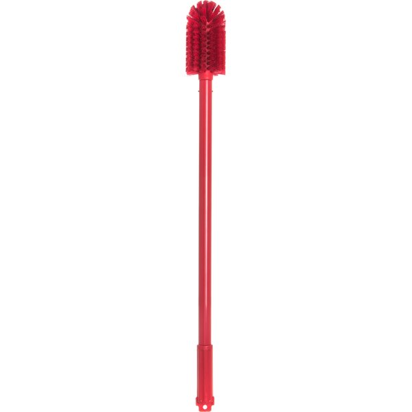 A close up of a red Carlisle Sparta multi-purpose cleaning brush with a red handle.