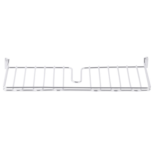 A Metro stainless steel wire shelf divider on a wire rack.