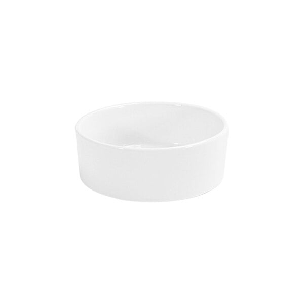 A round, bright white porcelain bowl with a 10 oz. capacity.