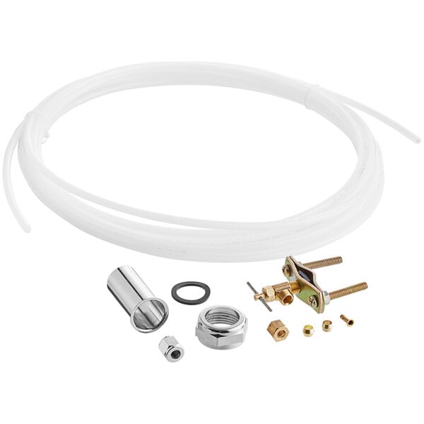 A white tube with a metal fitting and a metal pipe.