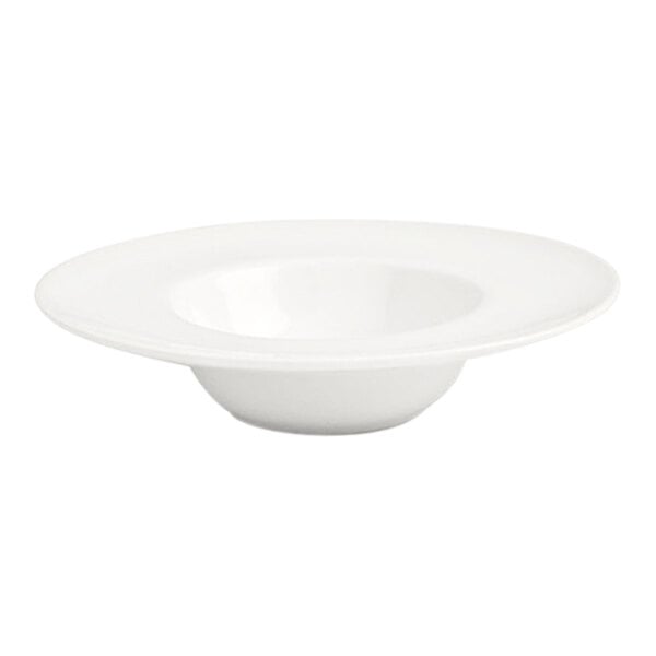 A white round porcelain saucer with a wide rim and a shallow center.